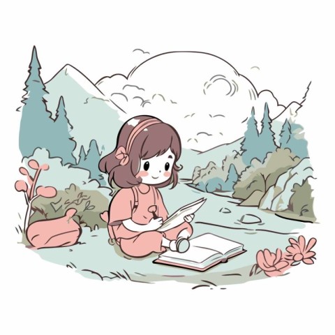 Illustration of a little girl reading a book in the mountains.