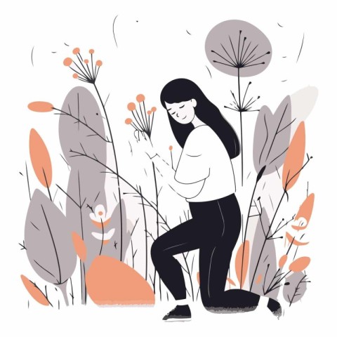 Vector illustration of a girl in the park with flowers and plant