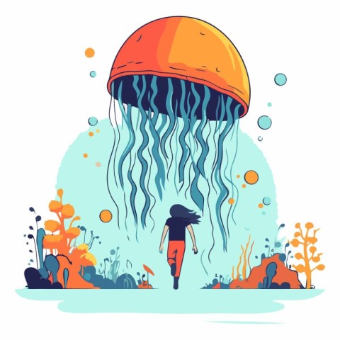 Jellyfish. Underwater world in cartoon style