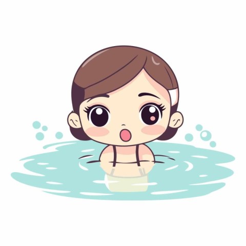 Cute cartoon girl in swimming pool on white background.