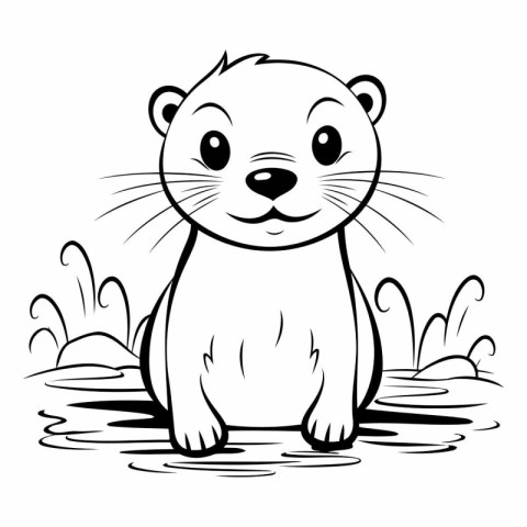 Cute otter in the water. Black and white vector illustration.