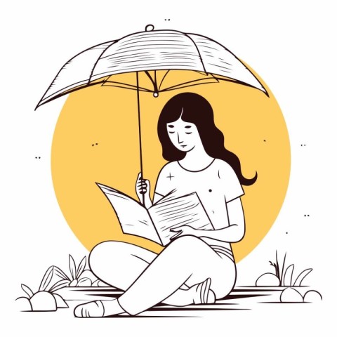 Woman reading a book under umbrella in sketch style.