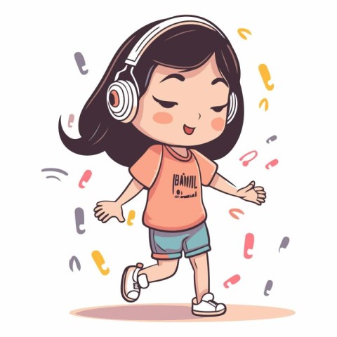 Cute little girl listening to music with headphones.