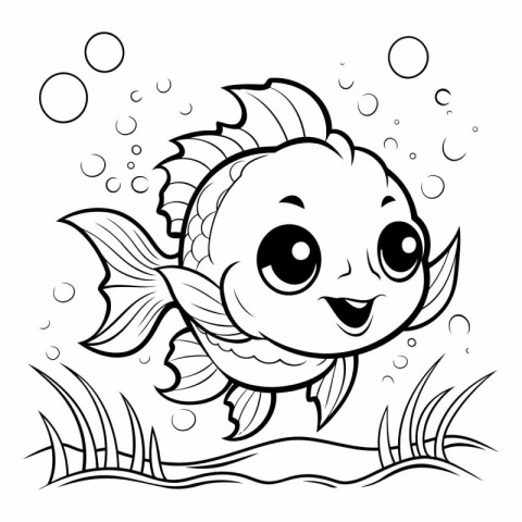 Black and White Cartoon Illustration of Cute Fish Animal Charact