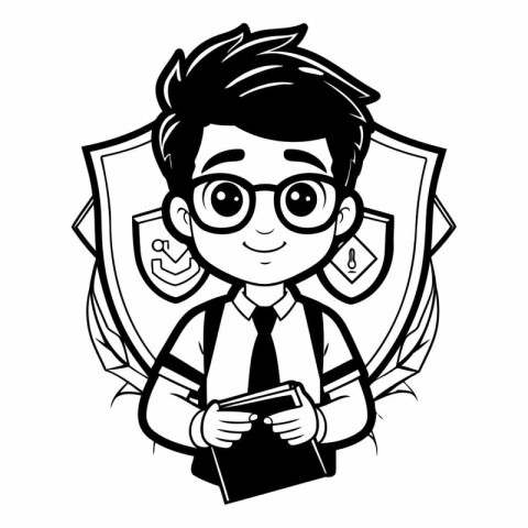 Businessman with Money and Notebook - Black and White Cartoon St