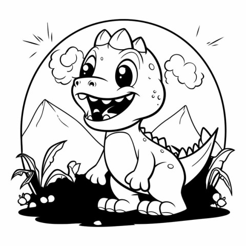 Cute Dinosaur - Black and White Cartoon Illustration. Isolated O