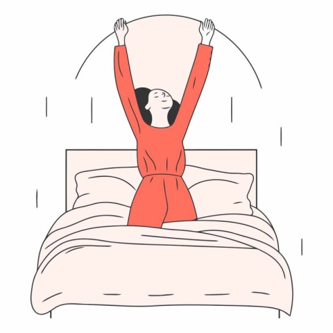 Young woman stretching in bed. Hand drawn vector illustration in