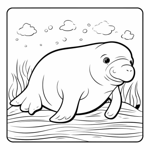 Vector illustration of a cute walrus on the beach. Coloring book