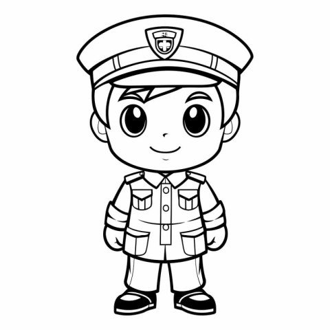 Black and White Cartoon Illustration of Cute Little Boy Captain