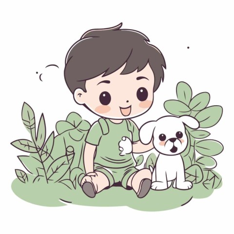 cute boy playing with his dog in the garden vector illustration