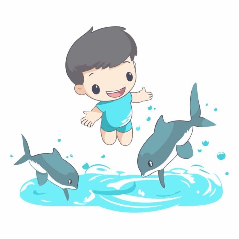 Cute little boy jumping in water with dolphins.