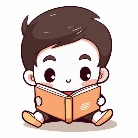 Illustration of a Cute Little Boy Reading a Book While Sitting