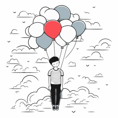 Young man with balloons in the sky. Black and white.