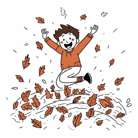 Happy boy jumping in autumn leaves of a happy child jumping in a