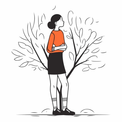 Vector illustration of a girl in a sweater and skirt standing ne