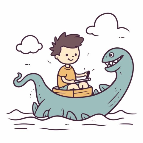 Cute boy riding a monster boat in cartoon style.