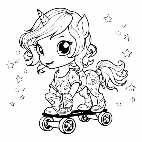 Unicorn girl on a skateboard. Coloring book for children.