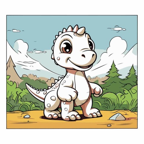 Cute cartoon dinosaur on the background of the nature