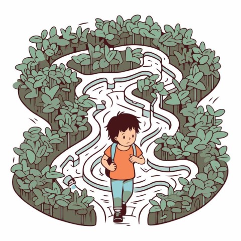 Vector illustration of a little boy running through a maze in th