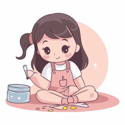 Cute little girl playing with paints in cartoon style.