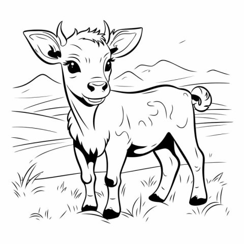 Cute calf on a meadow. Black and white vector illustration.