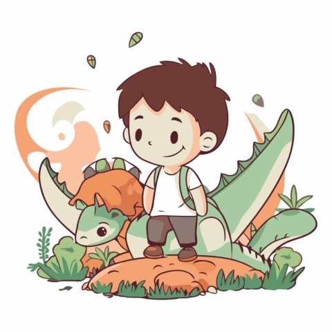 Cute boy with a dinosaur in the jungle.