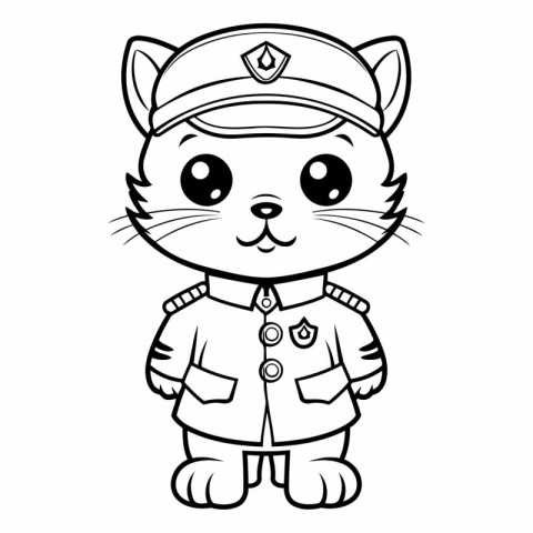 Black and White Cartoon Illustration of Cute Cat Captain Charact