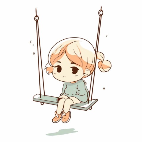 Cute little girl swinging on a swing. Vector cartoon illustratio