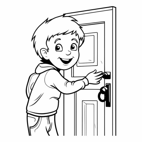 Black and White Cartoon Illustration of Kid Boy Opening Door or