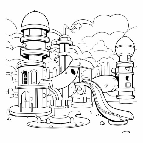 Black and White Cartoon Illustration of Water Park or Playground