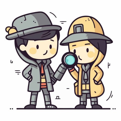 Cartoon detective boy and girl with magnifying glass.