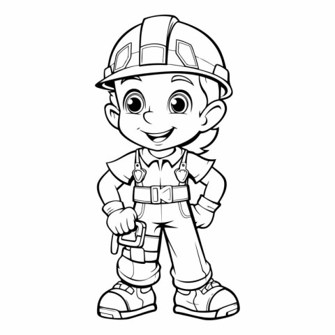 Cute cartoon boy in a helmet and overalls.