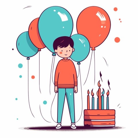 Cute little boy with birthday cake and balloons.