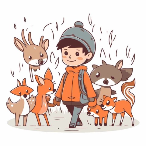 Cute little boy with foxes in cartoon style