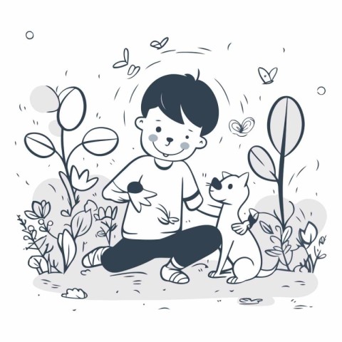 Cute little boy playing with his dog in the park