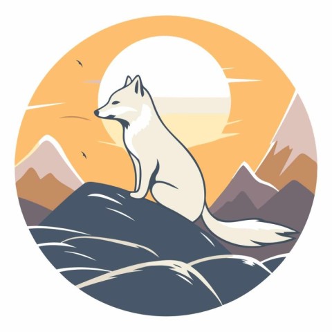 Vector illustration of a white fox on the background of the moun