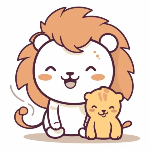 Cute little lion with cat. Cartoon style.