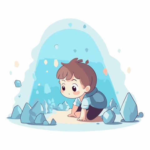 Cute little boy playing on the beach. Vector cartoon illustratio