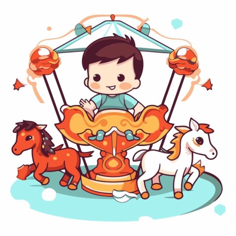 Cute cartoon boy riding a merry-go-round.