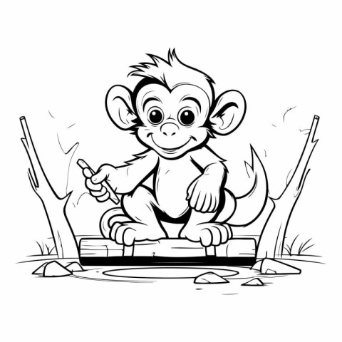 Monkey - Black and White Cartoon Illustration. Mascot Character