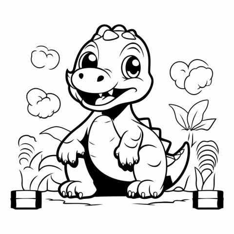 Black and White Cartoon Illustration of Cute Dinosaur for Colori