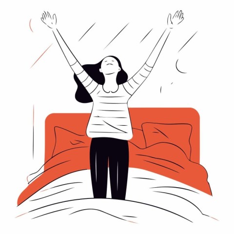 Happy woman stretching in bed in flat cartoon style.