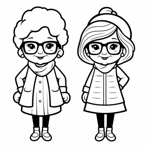 Cute cartoon grandmother and granddaughter. Black and white.