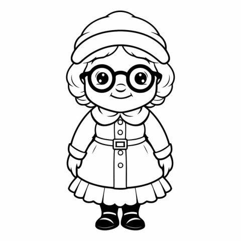 Black and White Cartoon Illustration of Cute Little Girl with Gl