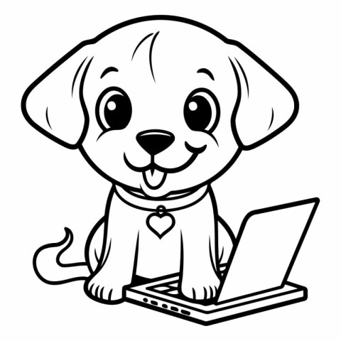 Cute Puppy with Laptop - Black and White Cartoon Illustration. V