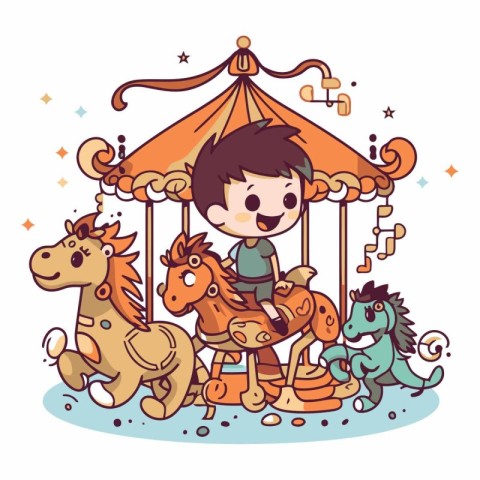 Cute cartoon boy riding on a carousel.