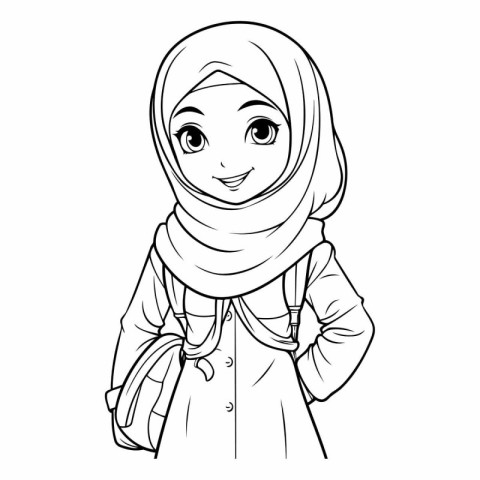 Hijab girl with backpack in outline style.