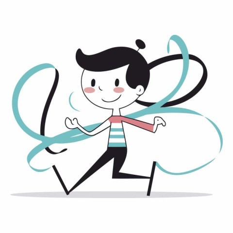 Boy running with a ribbon in his hand on white background.