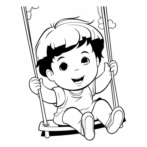 Cute Little Boy Sitting on a Swing - Black and White Cartoon Ill