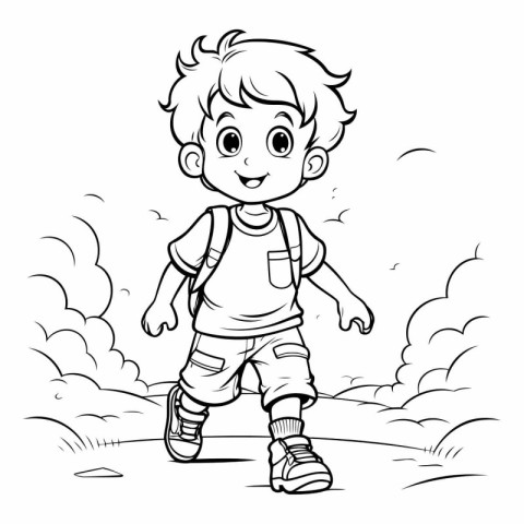 Black and White Cartoon Illustration of Cute Little Boy Walking